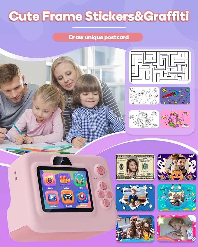 Kids Camera Instant Print,1080P Kids Instant Cameras That Print Photos,Christmas Birthday Gifts for Girls Age 3-12,Portable Toy for 3 4 5 6 7 8 9 10 Year Old Girls Boys Pink