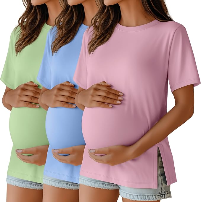 Ficerd 3 Pack Women's Maternity T Shirts, Short Sleeve Side Split Pregnancy Tops Casual Crew Neck Pregnant Tees Mama Clothes