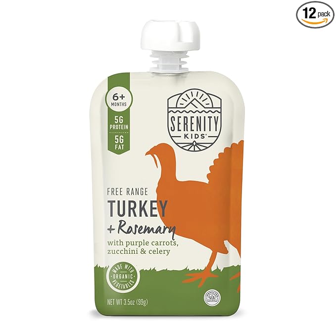Serenity Kids 6+ Months Baby Food Puree Pouches - Turkey & Rosemary - Nutrient Packed 5g Protein & Vegetables - No Added Sugar for Baby Meals - Portable Food Pouch for Toddler Snacks - 3.5 Oz, 12 Pack