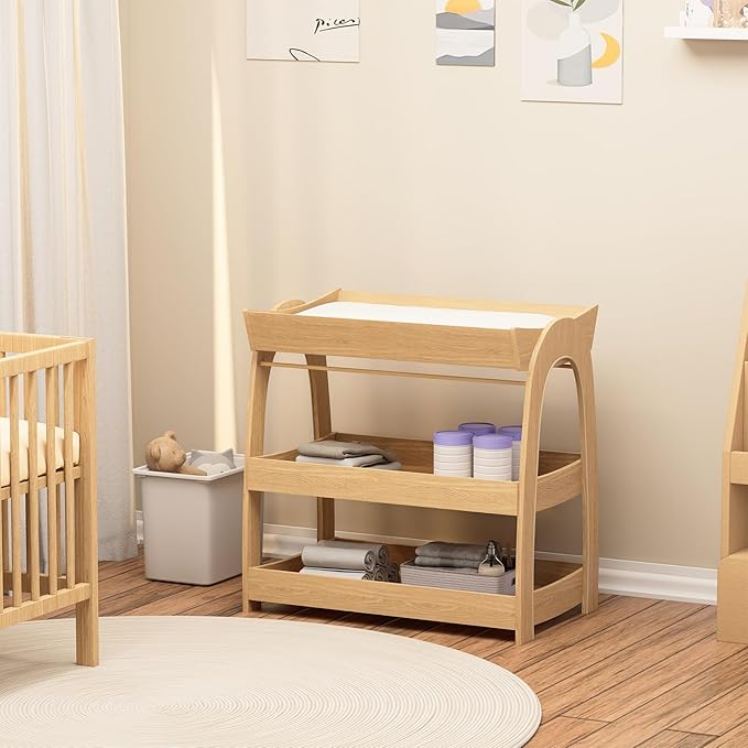 Baby Changing Table, Wood Diaper Changing Table with 2-Tier Storage Shelves, Wooden Baby Changing Station for Nursery, Modern Changing Table Dresser