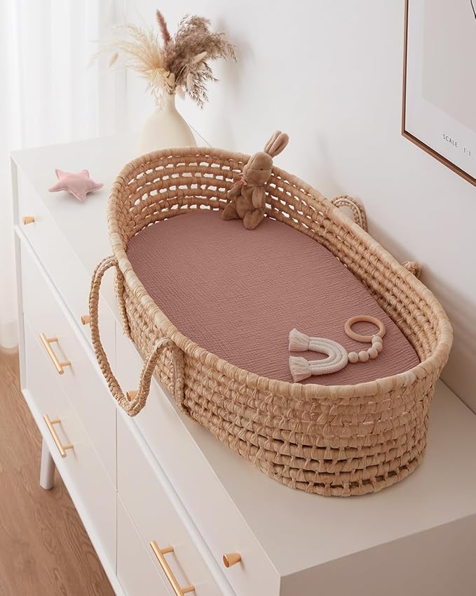 Blissful Diary Muslin Bassinet Sheets for Baby Girls Boys, Boho Soft Cotton Fitted for Oval Hourglass Rectangle Mattress, 2 Pack(Dusty Pink Checkboard & Dusty Pink)
