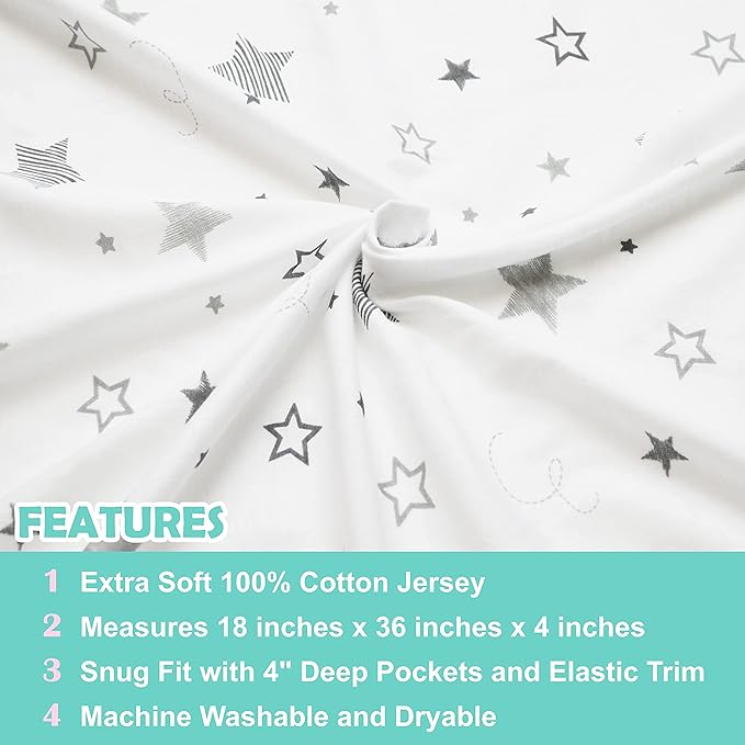 TL Care Printed 100% Cotton Knit Fitted 18" x 36" Cradle/Bassinet Sheet - Compatible with Mika Micky Bassinet, Super Stars, Soft Breathable, for Boys and Girls (Pack of 2)