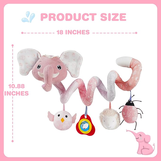 Jollybaby Crib Stroller Car Seat Toys for Baby 0-3-6-9-12 Months, Tummy Time Hanging Sensory Toys for Newborn with Music Box and Teether, Spiral Carseat Toy for Boys Girls Gifts (11-Sz Pink Elephant)