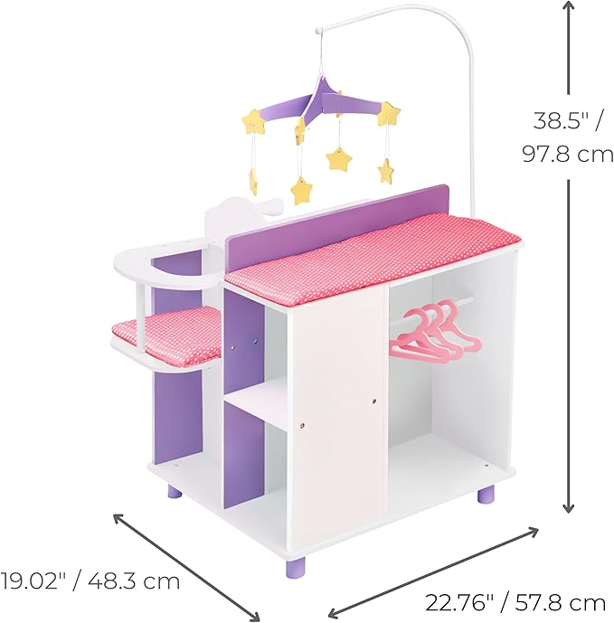 Olivia's Little World Little Princess Baby Doll Two-Sided Wooden Baby Doll Changing Station with Storage Shelves, Closet, Highchair, Changing Table, and Sink, White with Purple and Pink Accents