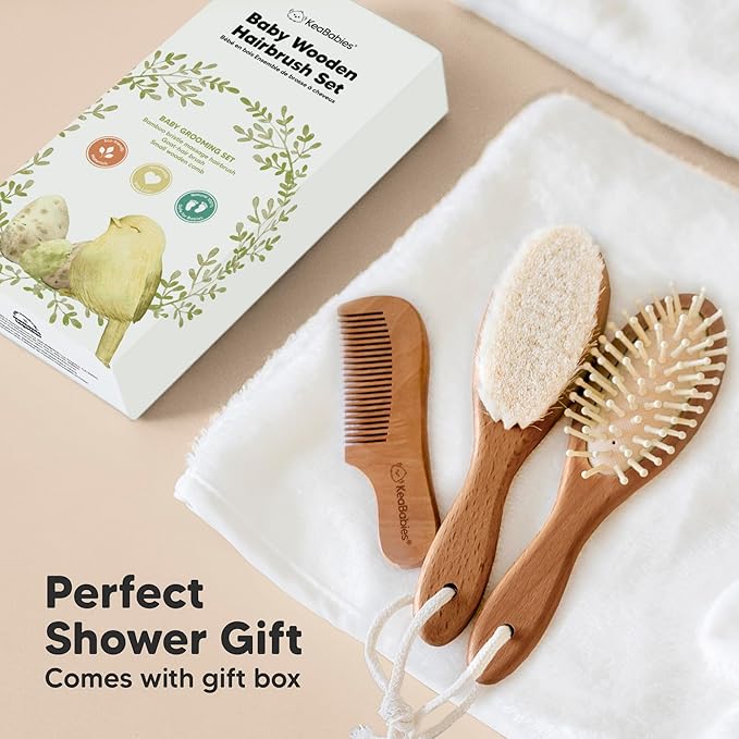 Baby Hair Brush Set for Newborns - Soft Goat Bristle Wooden Baby Brush and Comb Set Newborn Grooming Kit for Cradle Cap, Durable & Gentle, Boy, Girl Infant Essentials Care Kit (Oval, Dark Walnut)