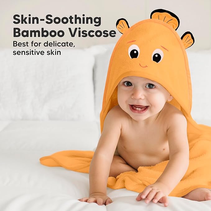 KeaBabies Hooded Baby Towel for Newborn - Viscose Derived from Bamboo Large Baby Bath Towels with Hood for Boys, Girls, Toddler, Extra Absorbent & Soft Newborn Bath Essentials (Clownfish, Regular)