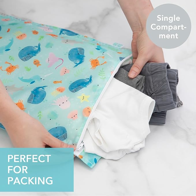 Bumkins Waterproof Wet Bag for Baby, Travel, Swim Suit, Cloth Diapers, Pump Parts, Pool, Beach, Gym Clothes, Toiletry, Hook to Stroller, Daycare, Zipper Reusable Wetdry Packing Pouch, Ocean Life Blue