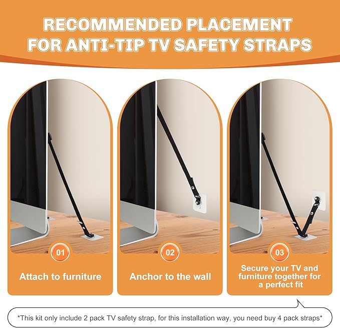 2 Pack Adjustable TV Safety Straps for Flat Screen, No-Drill Adhesive Anti-Tip TV Furniture Anchors for Baby Proofing, Premium TV Stabilizer Earthquake Straps for Furniture, Cabinet, Bookshelf