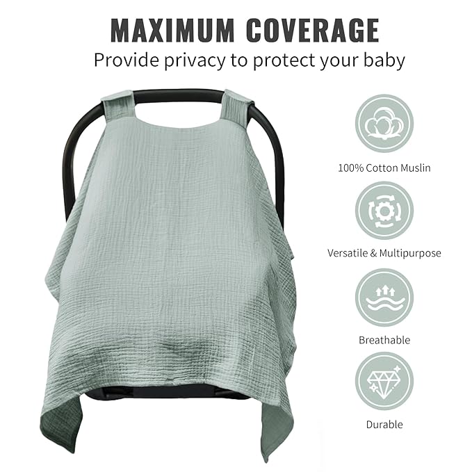 Metplus Muslin Car Seat Cover for Babies - Carseat Stroller Cover Infant Stroller Covers for Boys and Girls, Breathable & Lightweight, Fits Most Strollers & Baby Car Seats