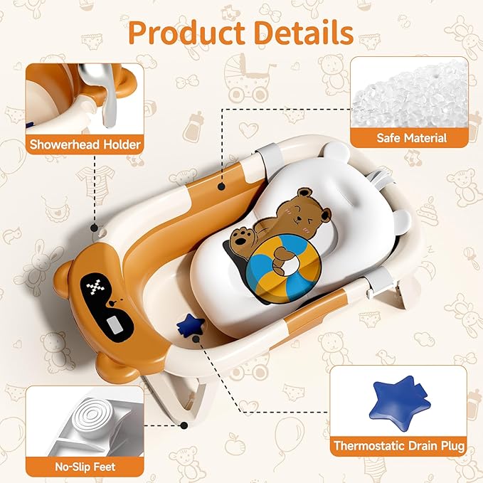Collapsible Baby Bathtub for Newborn to Toddler (0-18 Months) - Foldable Baby Bath Tub with Soft Towel, Newborn& Infant Bathtub for Travel and Outdoor, Brown