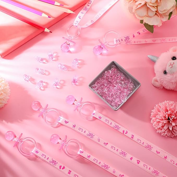 74 Pieces Baby Shower Pacifiers 24 Necklace Acrylic Plastic Pacifiers Baby Shower Game 50 Mini Plastic Charm Bulk for Party Decorations Games Table Scatter(Pink)