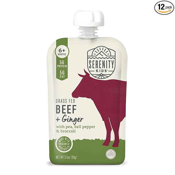 Serenity Kids 6+ Month Organic Beef & Veggie Baby Food Pouches - 5g Protein Grass Fed Beef - Organic Vegetables Blend with Broccoli & Bell Pepper - BPA-Free Baby Snacks Pouches - 3.5 Oz, 12 Pack