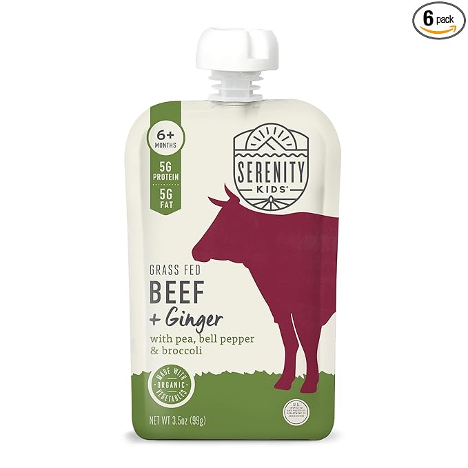 Serenity Kids 6+ Months Beef & Ginger Baby Food Puree Pouches - Grass Fed Beef & Organic Vegetables - Protein-Packed Meat Baby Food - Veggie-Rich Peas & Bell Pepper Blend - 3.5 Oz, 6 Pack