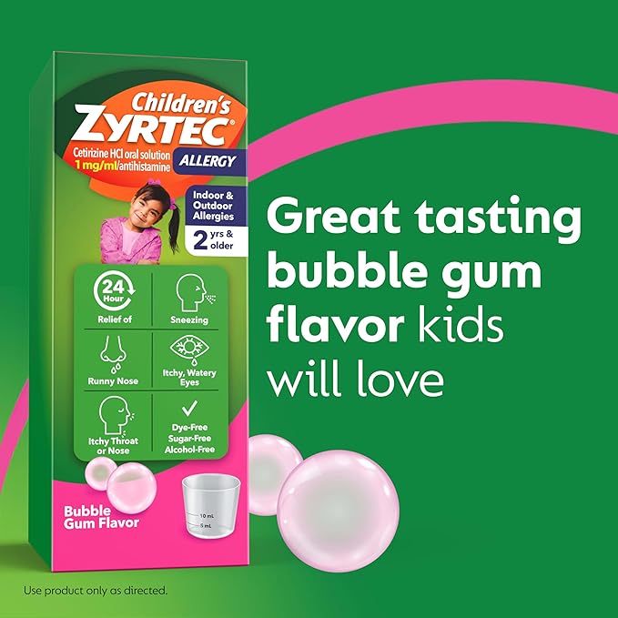 Children's Zyrtec 24 Hour Allergy Relief Syrup, Cetirizine Hydrochloride Antihistamine, Allergy Medicine for Indoor & Outdoor Allergy Relief, Dye- & Sugar-Free, Bubble Gum, 4 fl. oz