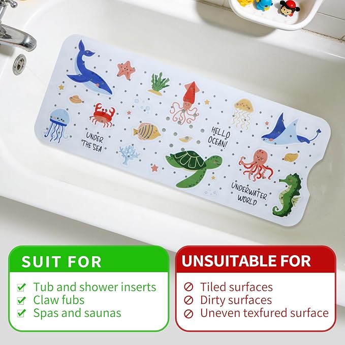 Baby Bath Mat for Tub Non Slip Kids Bathtub Mat Extra Long 40X16 Inch Toddler Bath Tub Shower Mat Anti Slip with Suction Cups & Drain Holes, Machine Washable (Under The sea)