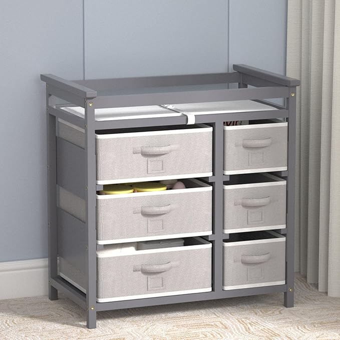 XJD Baby Changing Table with 6 Drawers Storage Station, Baby Changing Station Diaper Changing Station (Grey)