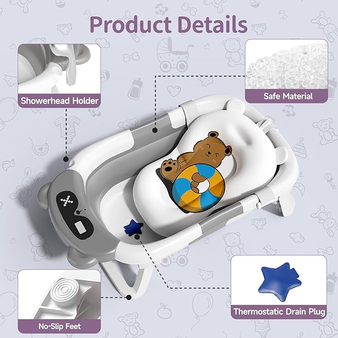 Collapsible Baby Bathtub for Newborn to Toddler (0-18 Months) - Foldable Baby Bath Tub with Soft Towel, Newborn& Infant Bathtub for Travel and Outdoor, Grey