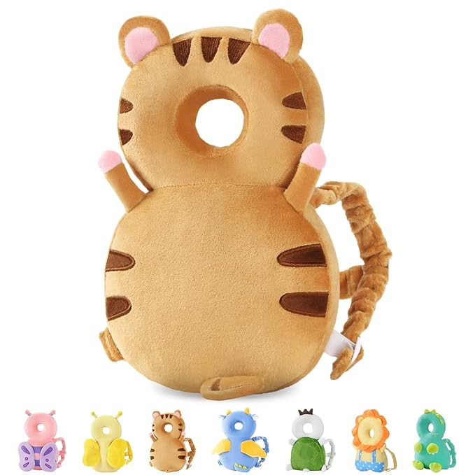 JunNeng Baby Head Protector Backpack, Toddler Walking Fall Head Protection, Brown Tiger