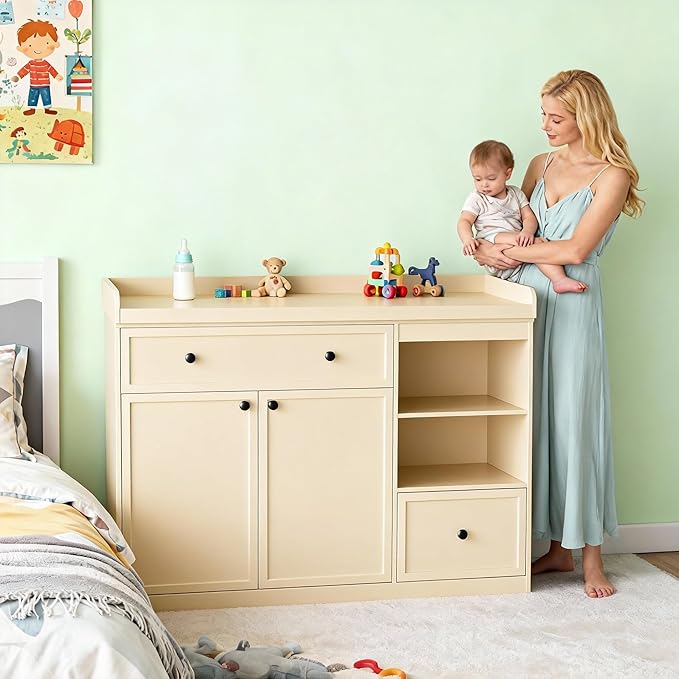 UbabyNest Wide Baby Changing Table Dresser with 2 Doors, 2 Different Size Drawer&Storage Cubbies, Durable Wood Construction, Built-in Shelves of Ample Storage for Nursery (Beige)