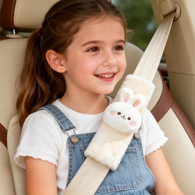 2 PCS Seat Belt Cover Pad, Cute Kawaii Animal Bunny Seatbelt Covers for Kids and Adults, Winter Plush Fluffy Soft Seat Belt Cover, Cartoon Seatbelt Cushion,Car Seat Strap Pads (F-Bunny)