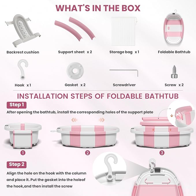 Collapsible Baby Bathtub, Baby Tubs for Newborns with Soft Cushion & Thermometer & Toy Organizer Mesh Bag, Infant Bathtub to Toddler 0-36 Months, Portable Travel Newborn Baby tubs