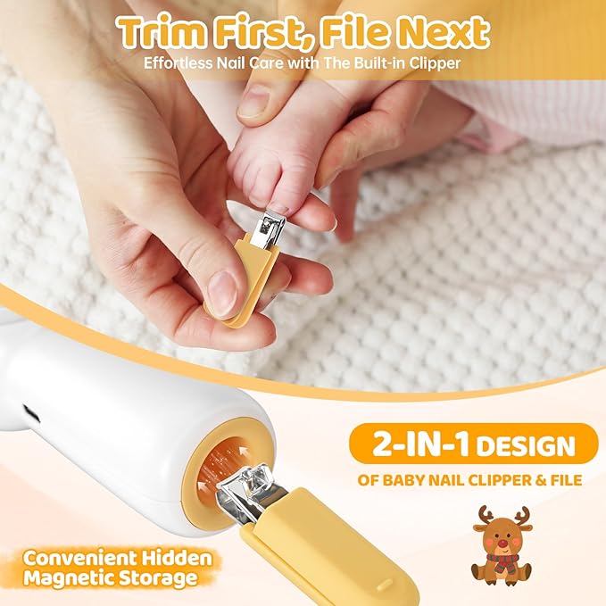 Baby Electric Nail File with Clipper, 5-in-1 Baby Nail Trimmer with LED Light, Rechargeable Nail Clippers for Infant Toddler Kid Adult, Low Noise, Includes 5 File Pads, Yellow Deer