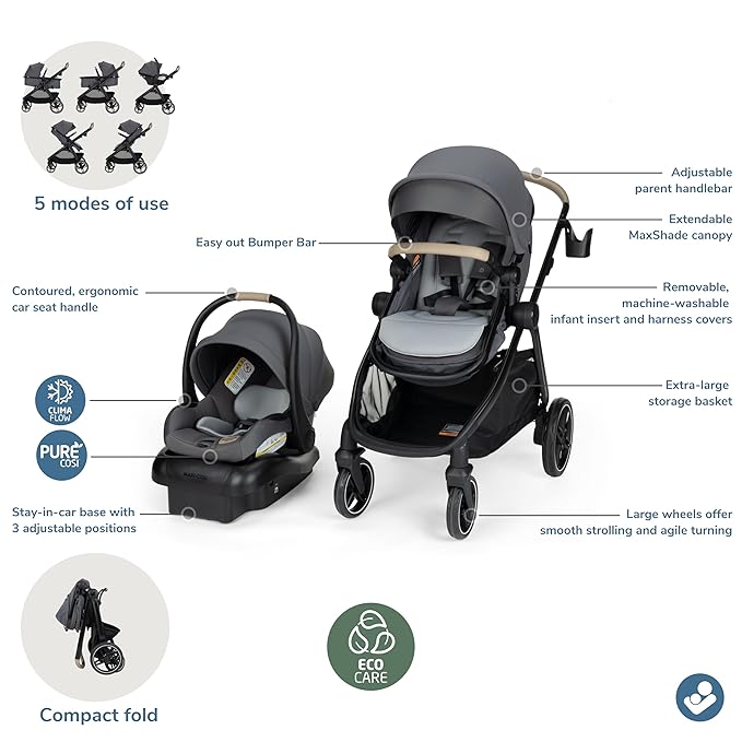 Maxi-COSI Zelia Pro 5-in-1 Travel System with Mico Pro Infant Car Seat, Baby Stroller Combo, Reversible Seat, Large Wheels, Adjustable Handle, Newborn to Toddler, Lightweight, Sea Salt