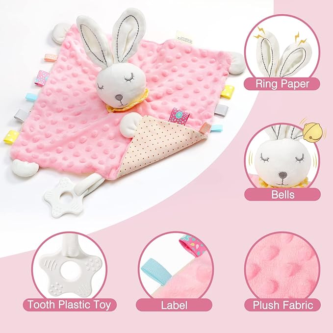 Zooawa Loveys for Babies, Security Blanket Soft Stuffed Animal Bunny Lovey Unisex Lovie Baby Stuff Snuggle Blanket with Tags Teether Bells, Soothing Plush Toys Baby Gift for Newborn, Pink Rabbit
