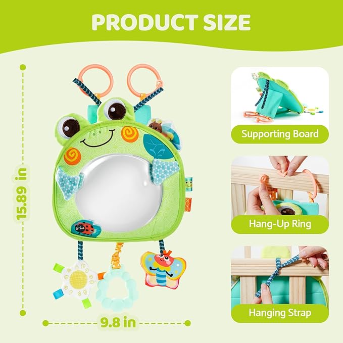 Jollybaby Car Seat Crib Stroller Play Gym Hanging Toy for Baby 0-3-6-12 Months, Tummy Time Mirror Toys Gifts for Newborn Infants, Carseat Travel Toy for Road Trip - Frog