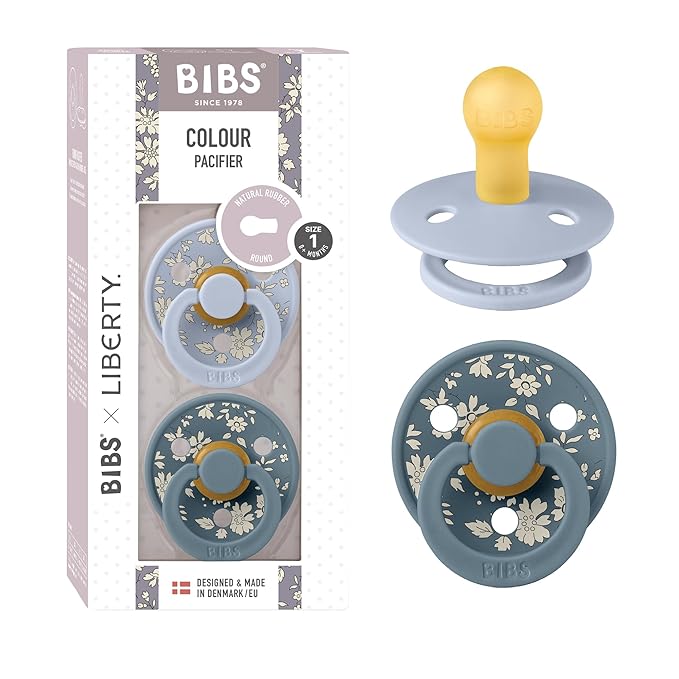 BiBS Liberty Pacifier 2-Pack, BPA Free Pacfiers with Natural Latex Round Nipple, Made in Scandinavia, Size 1 (0-6 Months), Capel Dusty Blue
