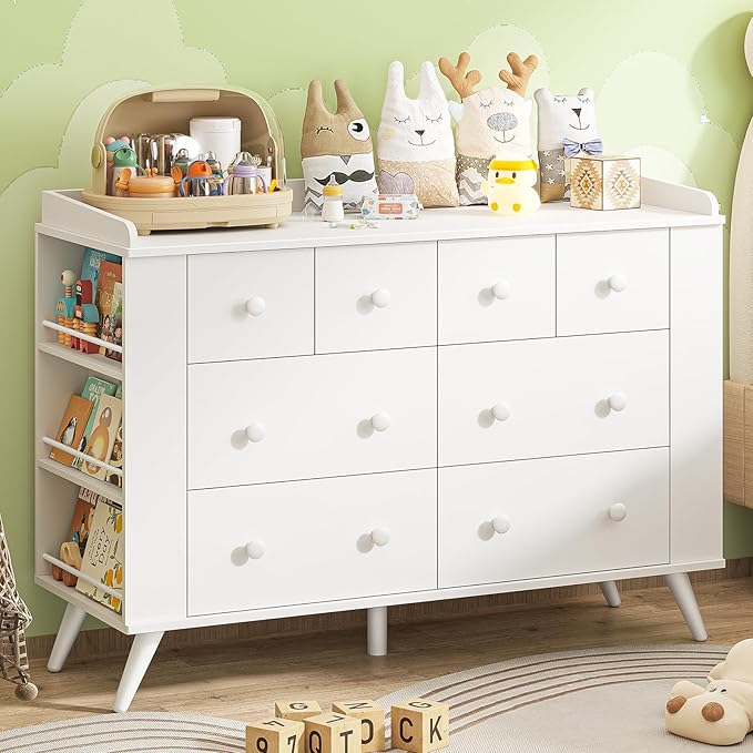 Vabches Kids Dresser Cabinet with 8 Drawers, Changing Table for Nursery, White Chest of Drawers with Open Shelving, Baby Dresser, Kids Bedroom Furniture, Nightstand for Child' s Room, White