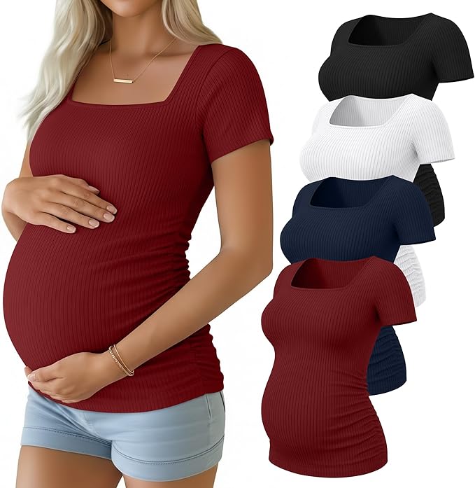 Huukeay 4 Pack Women's Maternity Shirts Cotton Ribbed Short Sleeve Square Neck Pregnancy Tops Side Ruched Summer Tee