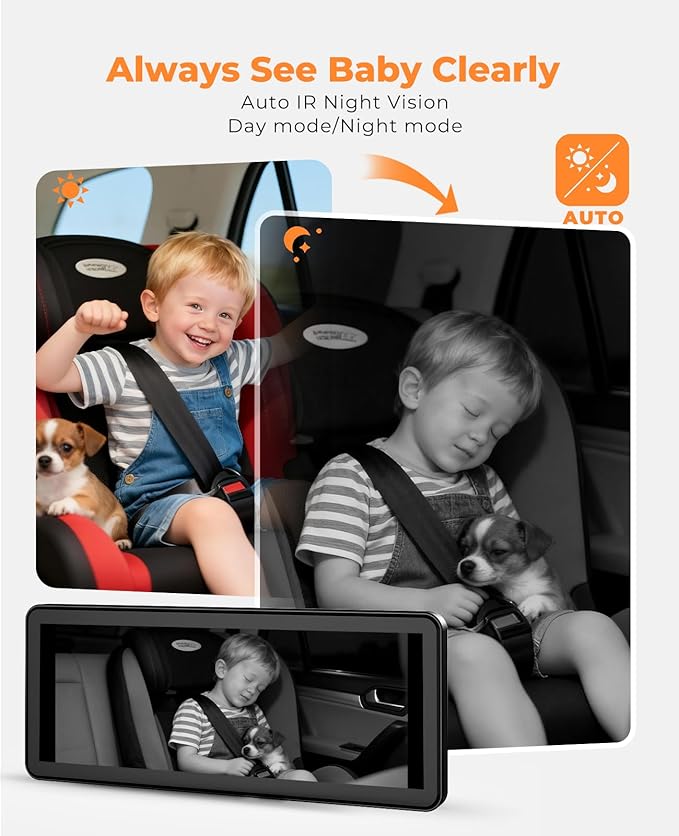 BM5PRO 7.2" 1080P HD Baby Car Camera for 2 Kids, Split Screen with IR Night Vision, Easy to Install & Adjust Brightness, Dual Car Camera Baby Monitor for Rear Seat Safety