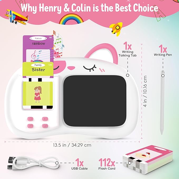 Henry & Colin Smart Talking Flash Cards Reader with LCD Writing Drawing Tablet Card for Kids – Colorful Drawing Pad, Educational Toy, Reusable Board, Travel Essential for Boys & Girls (Pink)