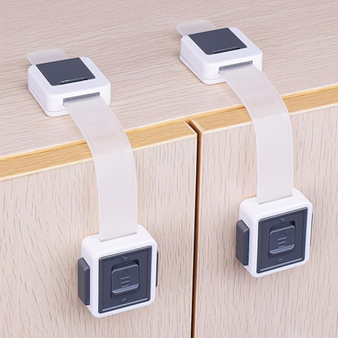 6 Pack Child Safety Cabinet Locks – Baby Proof Drawers, Cabinets, Toilets & Appliances – Adjustable Strap 4.5”–7.5”, Optional Double Lock, No-Drill 3M Adhesive, Easy for Adults