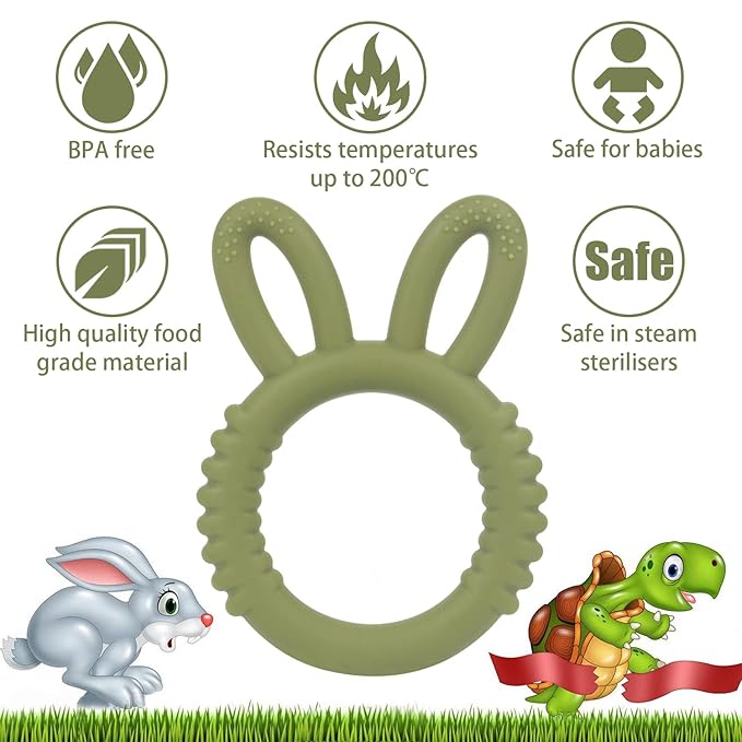 Silicone Babies Teethers Baby Teething Toys for Soothe Massage Sore Gums for 3-12 Months Infants, BPA Free, Easter Gifts for Boys and Girls, Ring Shape Rabbit Ear Design (Army Green)