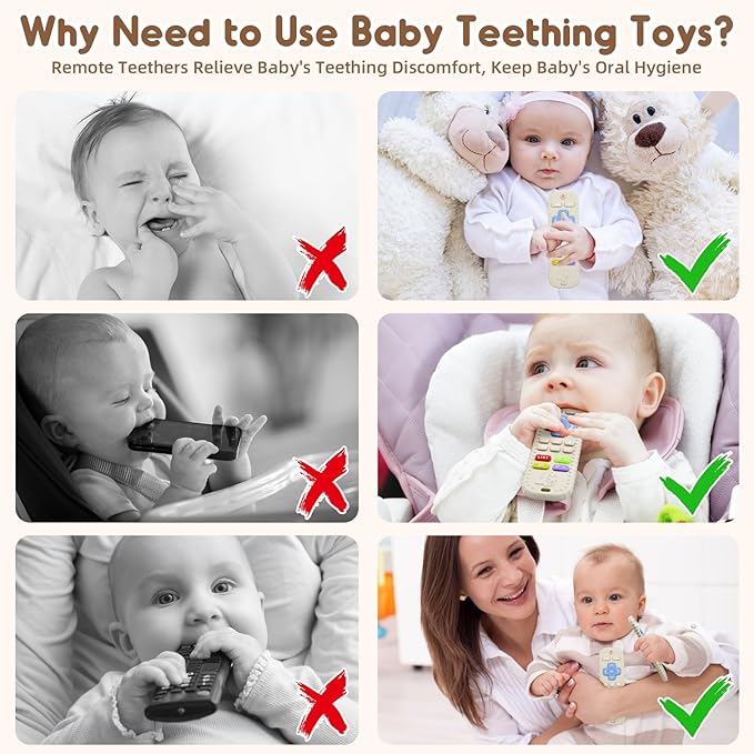 Teething Relief Teethers Toys for Babies 3-6-12 Months Gifts, Food Grade Silicone Sensory Remote Control Baby Teether Bath Toys for 9 18 Months Newborn Infant Boy Girl Autism, Beige