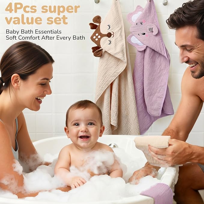 CandyHome 4 Pack Muslin Baby Towels for Newborn Set, 100% Cotton 2 Hooded Baby Bath Towels 32x32" with 2 Washcloths 10x10", Super Soft Absorbent Infant Toddler Bath Essentials Gifts, Elephant & Deer
