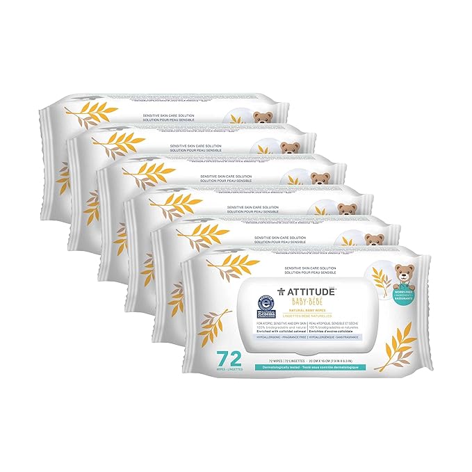 ATTITUDE Baby Wipes Unscented, For Sensitive Skin with Oat, Natural origin, Dermatollogically tested, For Babies, Toddlers & Kids, Revitalizing Chamomile Extract, EWG Verified, 72 Count (Pack of 6)