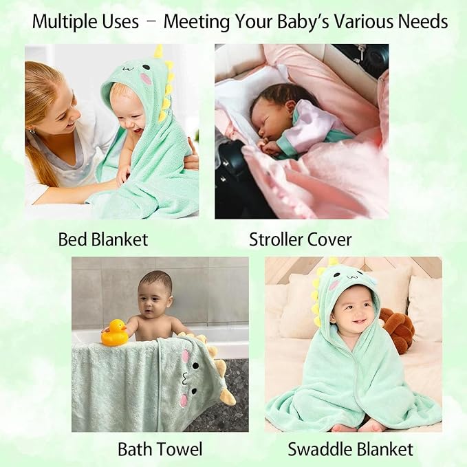 4 PCS Hooded Baby Towel Set, 32x32 Inch Absorbent Baby Bath Towels, Soft Hooded Towels and 3 PCS Washcloths, Unisex Baby Gift Set for Newborns, Babies, Toddlers (Green)