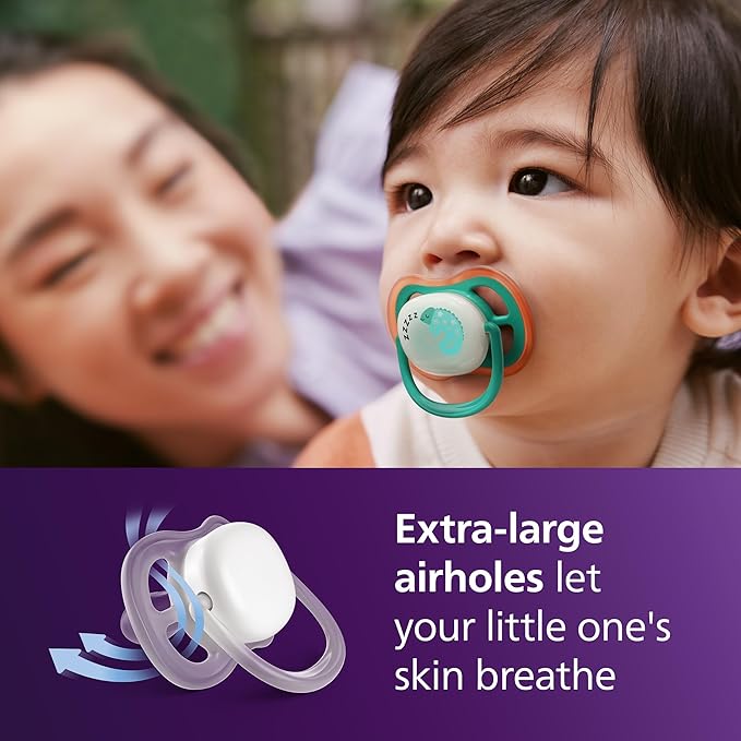 Philips Avent Ultra Air Nighttime Pacifiers - Orthodontic Design, for Babies 6-18 Months, Glow in The Dark, Soft Silicone Symmetrical Nipple, BPA-Free, with 2 Sterilizing Cases, 48 Pack, SCF376/36