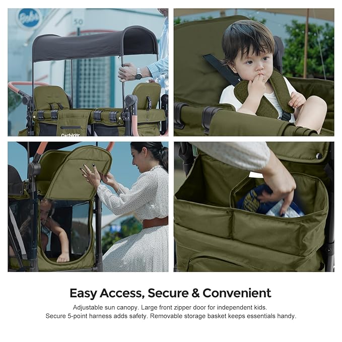 Premium 2 Seater Wagon Stroller for Kids, Foldable All-Terrain Stroller Wagon with Removable Seats, Adjustable 5-Point Safety Harness, Canopy, and Dual Handles, Green