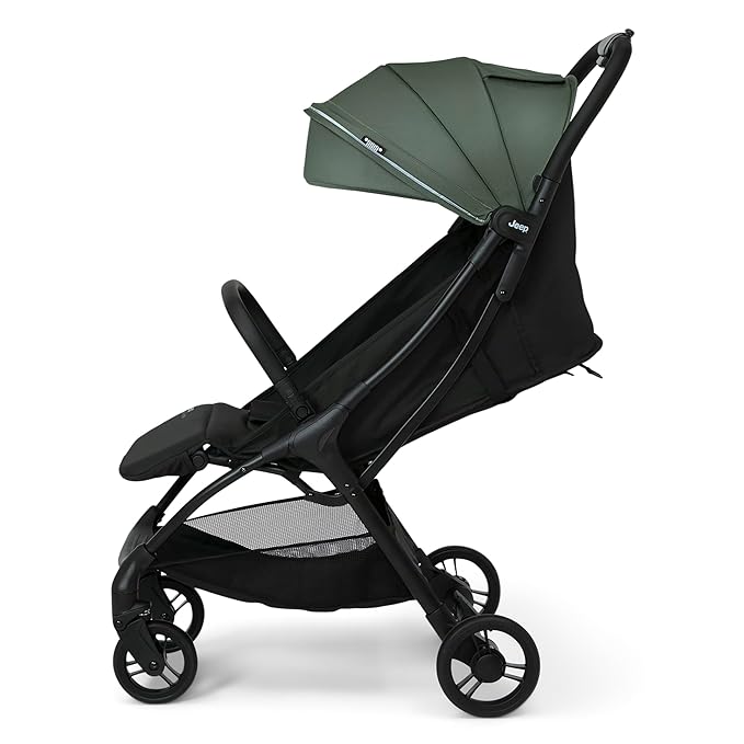 Jeep Altitude Compact Travel Stroller by Delta Children Greenguard Gold, Easy One Hand Fold, Lightweight, Extendable Canopy with Peek-a-Boo Window, Reclining Seat, 4 Wheel Suspension, Olive Green