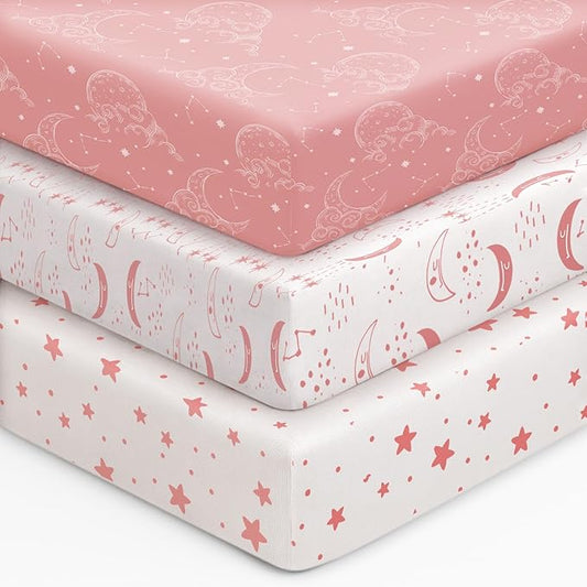 Baby Crib Sheets for Boys Girls, 28x52x8in Fitted Crib Sheet Neutral 3 Pack for Standard Crib and Toddler Mattress, Breathable Soft Microfiber Baby Sheet Pink White Moon