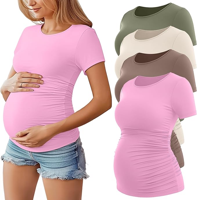 Huukeay 4 Pack Women's Maternity Shirts, Crew Neck Maternity Top Short Sleeve Casual Cotton Tee Side Ruched Pregnancy Clothes