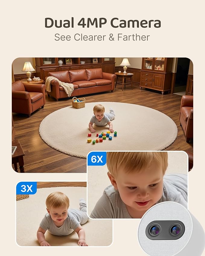 Simsky Split Screen Video Baby Monitor with 2 Cameras, Dual 4MP Cameras with 6X Zoom, 7" UHD Touch Screen Portable Audio Baby Monitor, App Remote Access 32GB Local Storage