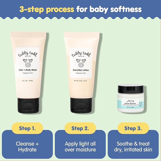 TUBBY TODD 3-Step Baby Bath & Skincare Routine - The Regulars Bundle - 2oz Baby Shampoo and Body Wash, 2oz Everyday Lotion & 1oz All Over Ointment - Fragrance-Free