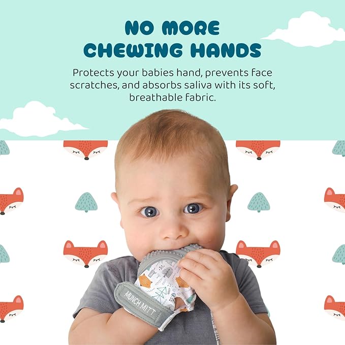 Malarkey Kids Patented Teething Mitten, Munch Mitt Baby Chew Toy - Protects Hands from Chewing & Saliva, Heals Aching Gums, Promotes Sound & Visual Stimulation for Babies - Grey Fox