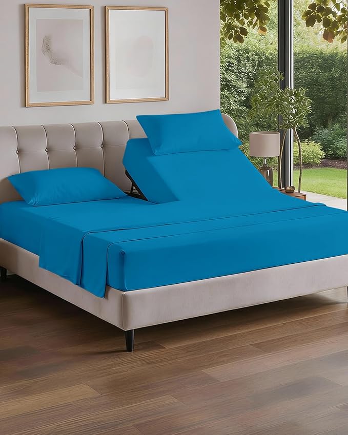 Split Head King Sheet Set – 4 Piece Flex Split Top King Sheets for Adjustable Beds - Fits 14” to 16" Mattress w/ Deep Pockets - Soft, Breathable & Cooling - Luxury Bedding & Wrinkle Free - Denim Blue