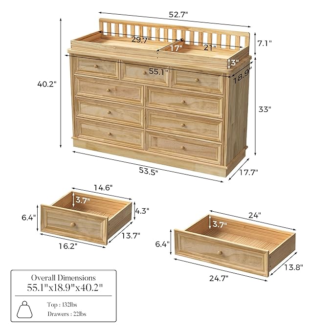 Homsee Baby Changing Table Dresser, 100% Solid Wood Infant Diaper Changing Station Combo, 9-Drawer Baby Nursery Dresser with Removable Tray for Children's Room Bedroom, Nature Color 55.1"W